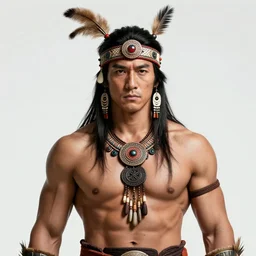 half - body, tribal headwear, muscled man, takeshi kaneshiro as a brave tribal warrior, detailed, concept art by artem priakhin