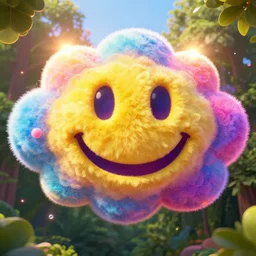 fantastical vibrant smiley face shaped cloud with holes for eyes and mouth, in a nature scene by marc adamus, high definition, sun breaking behind the smiley face, cheerful, rave art, keen little neons