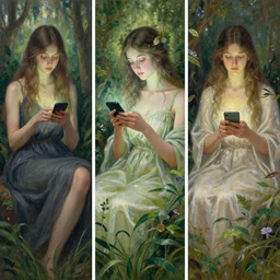 goddess of nature checking her phone, magic realism, art by josephine wall, art by huang guangjian, viktoria gavrilenko, art by amanda sage ( ( ( ( ( ( ( ( ( ( triptych ) ) ) ) ) ) ) ) ) )