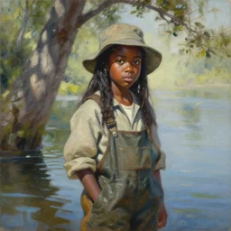 oil painting by ilya kuvshinov,, baugh casey, artgerm craig mullins, coby whitmore, of a youthful black girl, long hair, fishing and wearing fisherman's outfit, fisherman's hat, highly detailed, breathtaking face, studio photography, noon, intense bounced light, water reflection, large tree casting shadow, serine intense sunlight