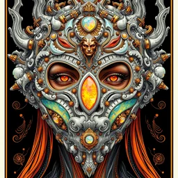 human portrait, face, wearing a carved mineral mask with tiny mineral incrustations, godness, ethereal, opal, cyborg, mechanical, evil elements, baroque, rococo, white, orange, ink, tarot card with ornate by marc simonetti, peter mohrbacher, cinematics lights, detailed, intricate illustration, octane render, fractal, fine art, golden ratio