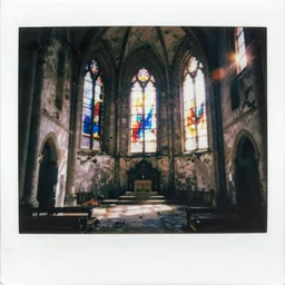 analog polaroid of an abandoned church, light coming through stained glass windows, color bleed, lens flare