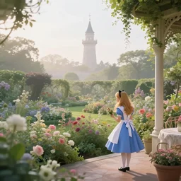 Morning in the ethereal flower garden, Tower in the distance, wonderland, alice, as seen from the patio By Ferdinand Von Wright but it is high resolution photography