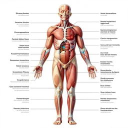 human body in pieces pieces, detailed anatomical diagram, pointers with descriptions, illustration, 4 k