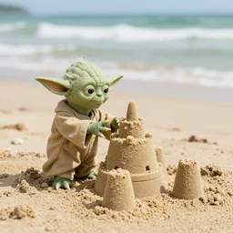 Yoda building a sand castle on the beach