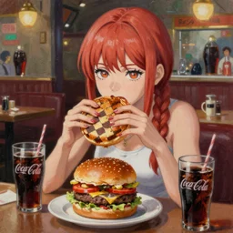 anime chainsaw man's makima, eating a chessburger and drinking coca cola in restaurant, intricate oil painting by greg rutkowski, hyperdetailed trending on artstation