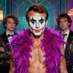 portrait of glamor greek god | emmanuel macron | feather boa | ( ( ( ( ( clown ) ) ) ) ) | asylum background | highly detailed | very intricate | professional model | cinematic lighting | painted by donato giancola and mandy jurgens and charlie bowater | bold colors, artdeco, art deco synthwave anime aesthestic, 8 0 s nostalgia | artstation