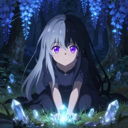 beautiful Himalayan woman with purple cat-eyes, silver hair and black hair split, glowing crystals on the ground, somber, scene of a summer forest with glowing blue wisteria , 8k hdr pixiv dslr photo by Makoto Shinkai and Wojtek Fus
