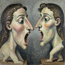 a giant sucking up tiny humans with his nose, made by Pablo Picasso