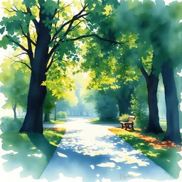 small centered on watercolor paper, paint brush strokes, abstract watercolor painting of city park, daylight, shadows, covering foliage over pathway, sunlight, translucent leaves, cinematic light, national romanticism by hans dahl, by jesper ejsing, by anders zorn, by greg rutkowski, by greg manchess, by tyler edlin