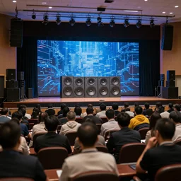 about conference sound room full of people contemplating a beautiful sound system. hyperrealism