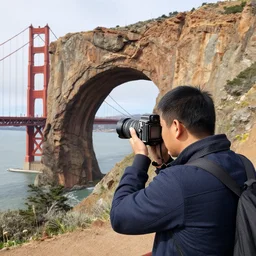 photographer with a large format camera photographing the golden gate bridge made out of rock in arches national park