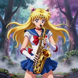 sailor mars play in saxophone, background magic trees in colorful fog, anime art, unreal render, hyper detailed drawing, intricate, anime key visual, manga, digital painting, artstation, hard focus, symmetry, illustration, landscape