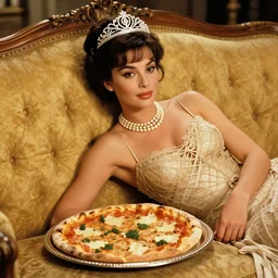 photo of sophia loren, young beautiful, draped in relaxed pose on antique luxury sofa, pizza is served on a silver platter, intricate ornamented tiara, opulent pearl necklace, laced dress, golden lighting, golden ratio, sharp focus, masterpiece, extremely coherent