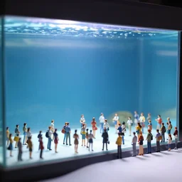 photo still of miniature crowd on a huge aquarium, 8 k, studio lighting bright ambient lighting key light, 8 5 mm f 1. 8