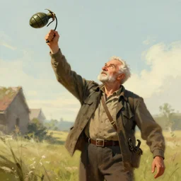 old man photo, throwing hand grenade, greg rutkowski art