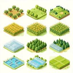 a beautiful illustration of a prosperous continent comprises 8 blocks of landscape, respectively farmland, orchard, rangeland, cornfield, forest, greenhouse, aquafarm and rice field, low poly style.