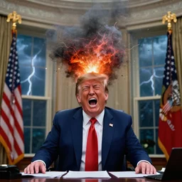 donald trump screams so loudly that his head explodes, realistic, hdr, clear image, thunderstorm in donald trump's office, 8 k, super real event,