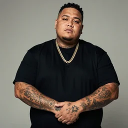 fat half black half samoan gangsta rapper covered in tattoos, wearing a black shirt photo