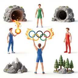 multiple close interacting human figurines as olympic icons, explosions!, caves!, holes, mountains, trees!!, concept art, illustration, sss, occlusion, high contrast, very long shadows, on white