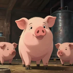 a film still The pig factory, medium shot, waist up, studio Ghibli, Pixar and Disney animation, sharp, Rendered in Unreal Engine 5, anime key art by Greg Rutkowski, Bloom, dramatic lighting