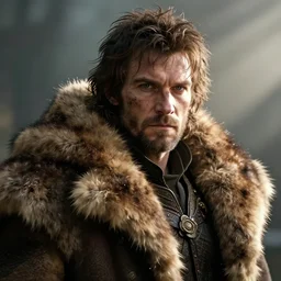 portrait of a rugged man wearing a fur coat, highly detailed, fantasy, godrays, cinematic lighting, close up, volumetric, realistic, digital art by greg rutkowski
