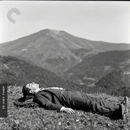 a men laying on ground on top of a mountain, a black and white photo by Sergio Larraín, featured on flickr, remodernism, movie still, criterion collection, 1920s