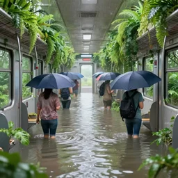 people with umbrellas, knee deep in flooded waters inside a train carriage which is overgrown with jungle vegetation