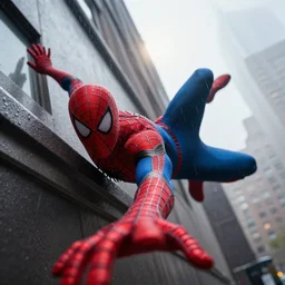 selfie of peter parker falling down a building, lens flare, deep focus, rain, d & d, intricate, elegant, highly detailed, photo, 9 0 s, artstation, blade runner, 8 k, sharp focus, octane, unreal engine 5, global illumination, radiant