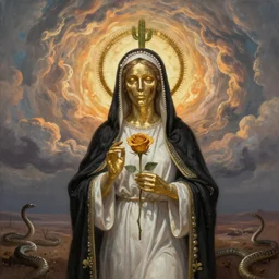 oil painted golden metalic woman with metalic gold skeleton face, wearing white and black virgin mary robe with an aureola made of gold, cactus and pearls over the head, holding a rose in a hand, with warm backlight behind a whirlpool of clouds forming acircular background. sunset light. beneath there's a barren land with serpents. apocalyptic. low angle.