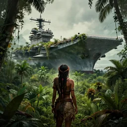a tribal woman from behind, in front of the aircraft carrier USS Nimitz overgrown with lush vegetation, tropical forest, post appocalyptic, by Luis Royo, by Greg Rutkowski, dark, gritty, intricate, backlit, strong rim light, cover illustration, concept art, volumetric lighting, volumetric atmosphere, sharp focus, octane render, trending on artstation, 8k