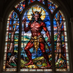 The Devil reigning over Hell, stunning stained glass window by Hieronymus Bosch. It is very representative of the style of Bosch