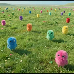 vhs footage of a colorful alien world, with expanse fields of green grass, and colorful fuzzy creatures roaming in it