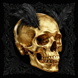golden baroque ornate glossy skull, black feathers of birds. line-drawn feather details. black baroque ornate. black background. detailed feathers. highly detailed. trending on artstation. zdzislaw beksinski. emil melmoth. octane render