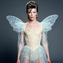 David Bowie wearing a Fairy dress with cream lace bodice with sleeves of sheer pale blue sequins photographed in the style of Annie Leibovitz, Studio Lighting