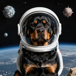 a rottweiler dog wearing an astronaut helmet in space