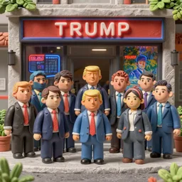 group of trump staffers made of plastic and clay, 3 d, exterior street, neon advertisements, portrait face, dappled light, in the style of matt murphy, jeremy enecio, miles johnston, monet, cynical realism, john william godward, yoshitaka amano, miles johnston, louise zhang, matt murphy, enes dirig, pekka halonen, finnish naturalism, realism