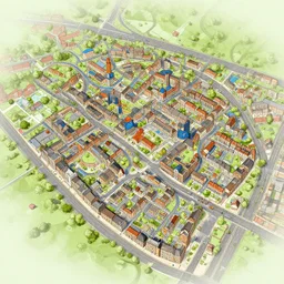 the adventures of paddington town layout. city planning, bird's eye view.