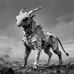 figure of a surreal alien beast, made of roughly torn fabric, stretched over a deliberately sloppy frame, Contemporary art, Affandi, alien landscape, a little fog, moody lighting, black and white