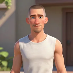 handsome thin athletic white man with short buzzed widows peak hair, facial stubble and blue eyes posing outside, depicted as a Pixar character, high quality cg render, 4k