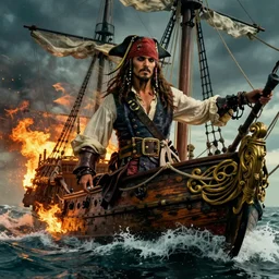 pirate, ship, fire, ocean, cinematic, artistic, trending, epic, wind, wild, beautiful, tragedy, tragic, movie