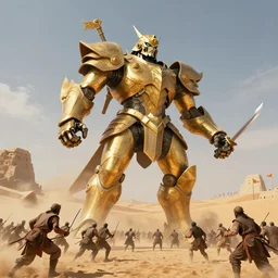 giant middle eastern golden armored automaton sentient with swords in desert fighting an army, by philippe druillet