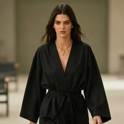 kendall jenner wearing black robe and golden necklace cinematic photoshoot high quality highly affordable photo realistic 8 k hd