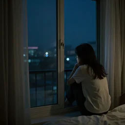 looking out the window at night, overlooking the city, sad, alone, melancholy, moody, gloomy, atmospheric, bittersweet, color palette, staring, city lights, bedroom window, balcony