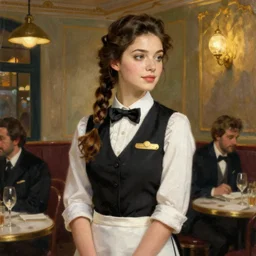portrait of beautiful waitress with side braid ponytail, in restaurant, painting by sargent and leyendecker, fantasy, medium shot, asymmetrical, intricate, elegant illustration by greg rutkowski by greg tocchini by james gilleard