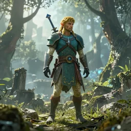breath of the wild guardian left in ruins in an ethereal forest, soft lighting, extra detailed, WLOP