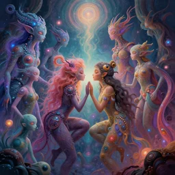 a psychedelic realm at the edge of existence where intensely creative astral beings live, the astral beings are embracing each other to share love, in the style of wlop and mario martinez, illustration, epic, fantasy, hyper detailed, smooth, unreal engine, sharp focus, ray tracing