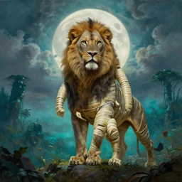 by frazetta , panoramic close up of realistic lion guardian barbarian mummy, all epic poses , full body backlight ,top light ,full body portrait ,highly textured oil painting ,jungle ,cyan graveyard  with backlight from the moon ,foggy background ,with  dramatic sky ,clouds and giant oversized moon and storm