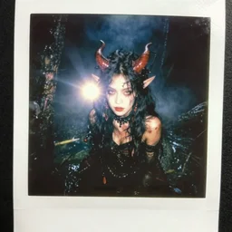 strange and evil daemon - girl in the sewers, 1 9 1 0 polaroid photography with flash, photorealistic, flash light, dramatic light, volumetric light, mist