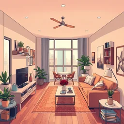 cool trendy apartment interior, extremely detailed, sharp focus, wide view, full body shot, smooth, digital illustration, by james jean, by rossdraws, frank franzzeta, mcbess, sakimichan